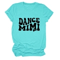 Detail view of cotton t-shirt collar and DANCE MIMI graphic print in blue hue - Deep Water Blue (Black Font)