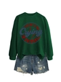 Women's dark green baseball sweatshirt with embroidery and frayed denim shorts - Dark Green