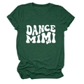 Detail of green cotton T-shirt showing round neck and white DANCE MIMI heart print - Retro Green (White Font)