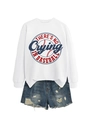 Detail of white cotton sweatshirt featuring a screen-printed baseball themed graphic print - White