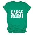 Detail of green round neck T-shirt featuring white DANCE MIMI print and heart detail - Dark Green (White Font)