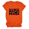 Detail of orange round neck t-shirt featuring black Dance Mimi text and heart graphic - Orange (Black Font)