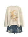 Detailed flat lay of beige moon and floral print sweatshirt with ripped denim shorts - Sand