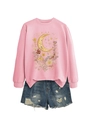 Detail of pink crewneck sweatshirt featuring gold moon, stars and floral embroidery patterns - Pink