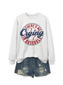 Detail view of grey sweatshirt with 'No Crying in Baseball' print and denim shorts - Off-White