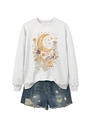Detailed view of moon floral print on grey sweatshirt with distressed denim shorts - Off-White