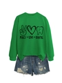 Detailed view of green sweatshirt featuring peace love dental print and ribbed cuffs - S / Grass Green (Black Font)