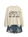 Detail of beige sweatshirt featuring black Peace Love Dental print with denim shorts - S / Sand (Black Font)