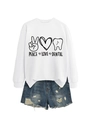 Detail of Peace Love Dental print on white long sleeve sweatshirt with ripped denim shorts - S / White (Black Font)