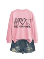 Pink crew neck sweatshirt with Peace Love Dental print paired with denim shorts - S / Pink (Black Text)
