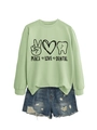 Flat lay view of mint green sweatshirt with peace love dental graphic and denim shorts - S / Olive Green (Black Font)