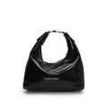 Glossy black leather underarm bag with gold buckle and Fashion & Bags text on white background - Black