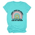 Close-up of funny slogan and rainbow heart print on turquoise women's cotton t-shirt - S / Tops / Deep Water Blue (Black Text)