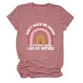 Detail of soft cotton crewneck t-shirt in dusty rose with rainbow and heart graphic print - S / Tops / Rose Gold (White Text)