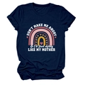 Detail of the navy blue cotton t-shirt with colorful arc rainbow and funny typography - S / Tops / Navy Blue (White Text)