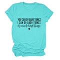 Detail of teal cotton t-shirt featuring black motivational text print and heart icon - Deep Water Blue (Black Font)