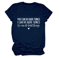 Detail of inspirational quote prints on a navy blue round neck short sleeve cotton T-shirt - Navy Blue (White Font)
