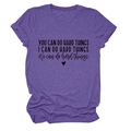 Close-up of text print on purple cotton t-shirt featuring inspirational message and heart - Purple (Black Text)