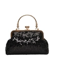 Pochette de soirée chic à paillettes noires avec poignée en métal doré et fermoir rétro - Noir