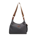 Chic dark grey nylon square bag with brown straps and golden metal hardware - Gray