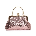 Sac à main élégant à paillettes rose poudré avec poignée fleurie en métal doré - Rose
