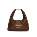 Borsa a mano minimalista in vernice marrone scuro con scritte dorate alla moda - Marrone