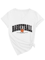 Close-up of V-neck white cotton T-shirt with basketball mom print and side knot detail - White (Black Pattern)