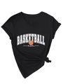 Close-up of a black V-neck t-shirt featuring Basketball Mom print and a stylish side knot - Black (White Pattern)