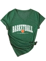 Detail of V-neck heather green Basketball Mom t-shirt with rolled sleeves and front knot - Retro Green (White Graphic)