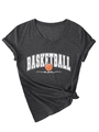 Detail view of V-neck dark grey cotton T-shirt featuring Basketball Mom print and knotted hem - Charcoal Grey (White Graphic)
