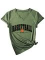 Detail of army green V-neck basketball mom T-shirt with front knot and soft cotton texture - Olive Green (Black Pattern)