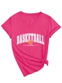 Detail of rose pink V-neck T-shirt with basketball mom graphic and side-knot hem - Rose Red (White Print)
