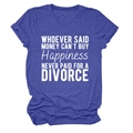 Detail of blue crewneck T-shirt with white sarcastic quote print about happiness and divorce - Retro Blue (White Font)