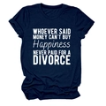 Close-up of the humor slogan print on a dark blue cotton blend crewneck T-shirt - Navy Blue (White Font)