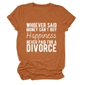 Detail of caramel crewneck T-shirt with white humor slogan print and rolled sleeves - Burnt Orange (White Font)