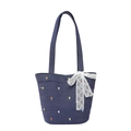 Denim tote bag with floral embroidery and white lace bow detail on a white background - Dark Blue