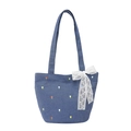 Blue denim tote bag with colorful floral embroidery and white lace bow decoration - Light Blue