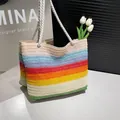 Rainbow striped woven straw tote bag with rope handles for summer beach vacation - Style 2 (Rainbow Stripes)
