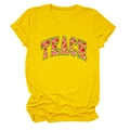 Close-up of strawberry-textured TEACH print on yellow crew neck short sleeve T-shirt - Yellow