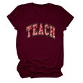 Detail of TEACH strawberry graphic print on burgundy crewneck cotton short sleeve T-shirt - Burgundy