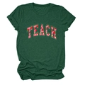 Detailed view of Teach letter print with strawberry pattern on dark green cotton T-shirt - Vintage Green