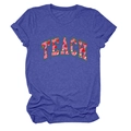 Detail of TEACH letter print with strawberry pattern on navy blue short sleeve t-shirt - Vintage Blue