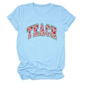 Close-up of the strawberry-filled TEACH print on this light blue cotton crewneck T-shirt - Light Blue
