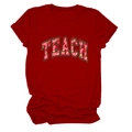 Close-up of the strawberry-filled TEACH print on a dark red round neck cotton T-shirt - Red