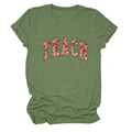 Close-up of TEACH letter print with strawberry pattern on green short sleeve T-shirt - Olive Green