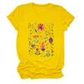 Detail view of the colorful floral print on the yellow round neck short sleeve T-shirt - Yellow