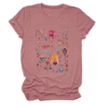 Close-up of bohemian watercolor floral print on a dusty rose cotton short sleeve T-shirt - Rose Gold