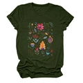 Detail of olive green tee showing textured fabric and colorful floral folk art pattern - Army Green