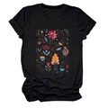 Detail of colorful floral print and rolled cuff on black cotton crewneck T-shirt - Black
