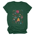 Close-up of floral watercolor print on dark green short sleeve cotton t-shirt for women - Vintage Green